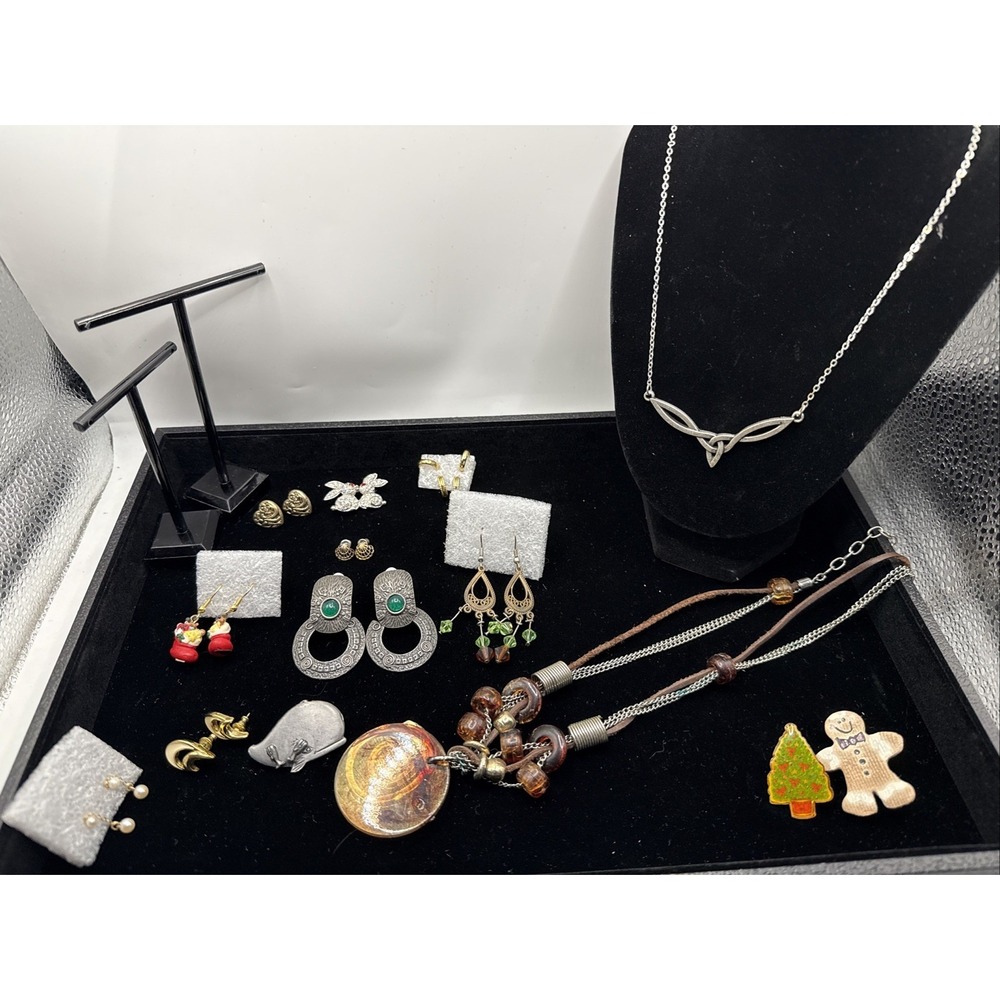 Vintage Lot of 11+ Necklaces, Earrings, Brooches